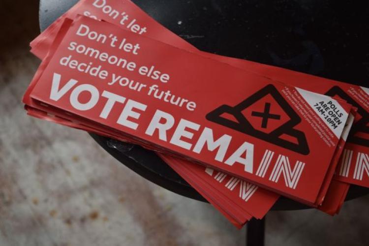 Brexit-opposition stickers that say 'Don't let someone else decide your future, VOTE REMAIN'
