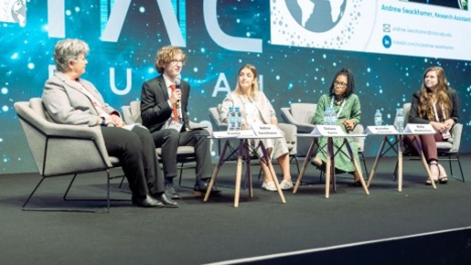 Andrew speaking at the Social Responsibility in Space Panel. From lrft to right: Tanja Masson-Zwaan (Moderator); Andrew Swackhamer; Giuliana Rotola; Ruvimbo Samanga; Molly Maceachen