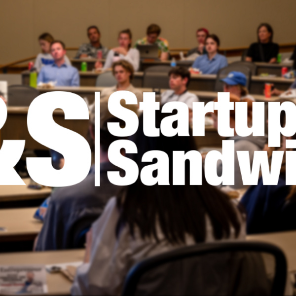 Startups & Sandwiches logo imposed over students