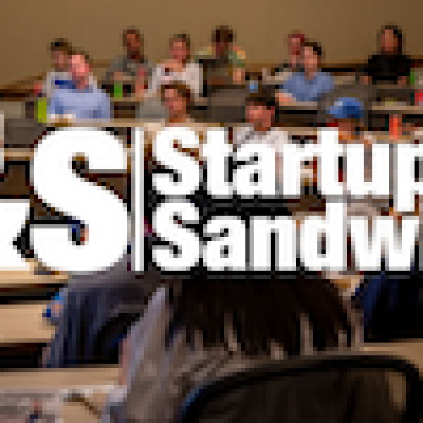 Startups & Sandwiches logo imposed over students