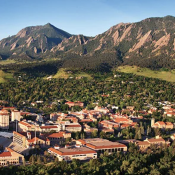 The CU Boulder campus and nestled at the base of the Flatirons