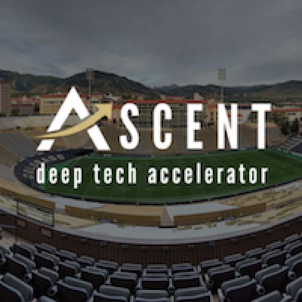 Ascent deep tech accelerator wordmark overlaid on an image of Byron White Folsom Field