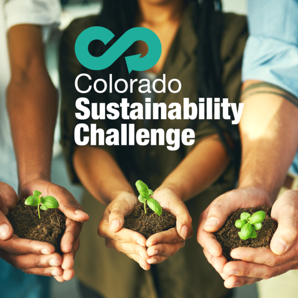 Colorado Sustainability Challenge logo over three sets of hands holding seedlings