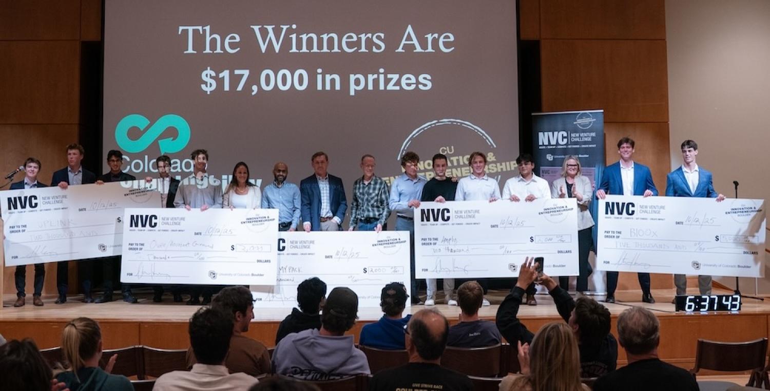 2025 Colorado Sustainability Challenge winning teams holding their big checks