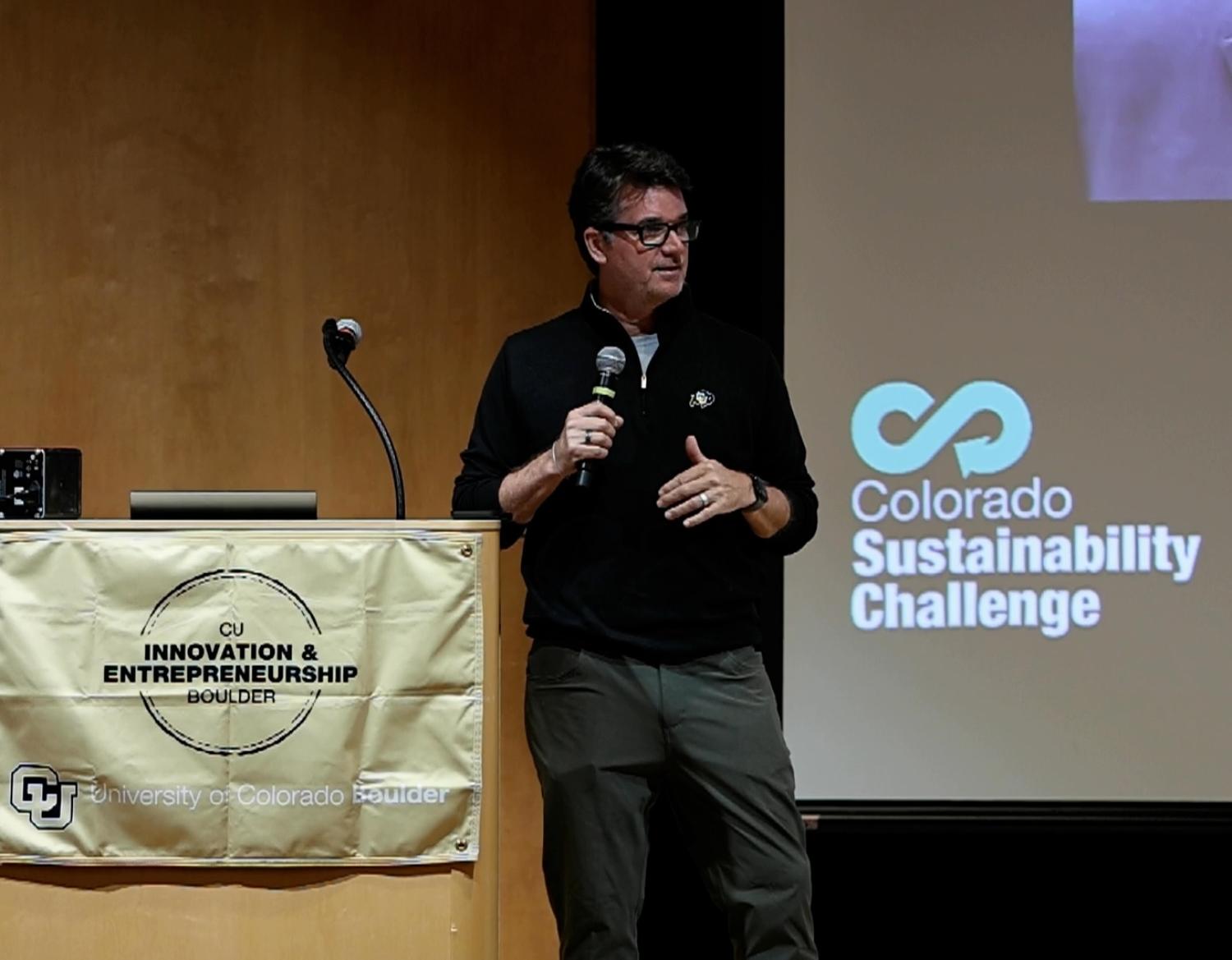 CU Boulder's Vice Chancellor for Sustainability Andrew Mayock addressing participants at the 2025 Colorado Sustainability Challenge