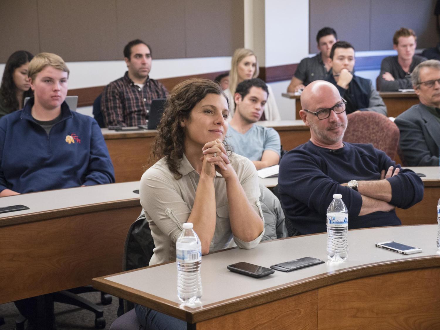 Nicole Glaros and David Mandell sit waiting to present their How to Pitch workshop