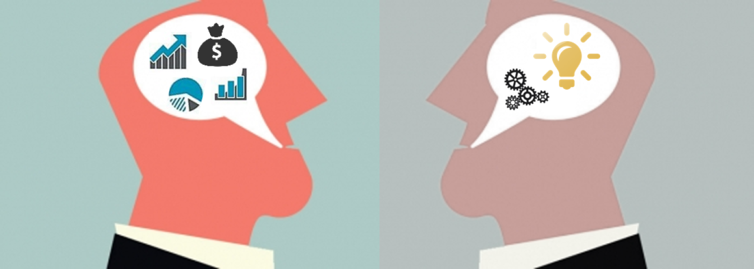 Two heads with cartoon images in as brain.