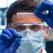 Scientist looks at vials in lab
