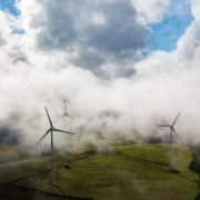 Windmills on a foggy hill