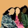 art piece of four multiethnic women hugging