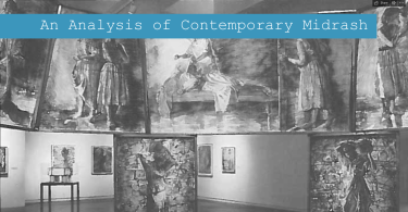 Screenshot of Kelly Walsh's website; "An Analysis of Contemporary Midrash" overlays an image of art displayed in a museum