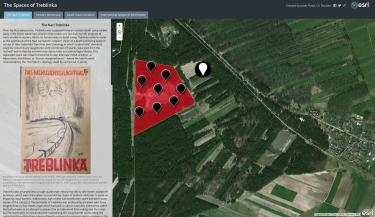 Screenshot of Jacob Flaws' website; text column with a Treblinka magazine from the archives and a map of the Treblinka area with pins of important locations