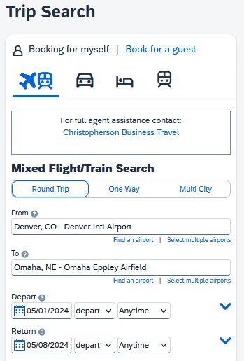 Screenshot of Trip Search box in Concur