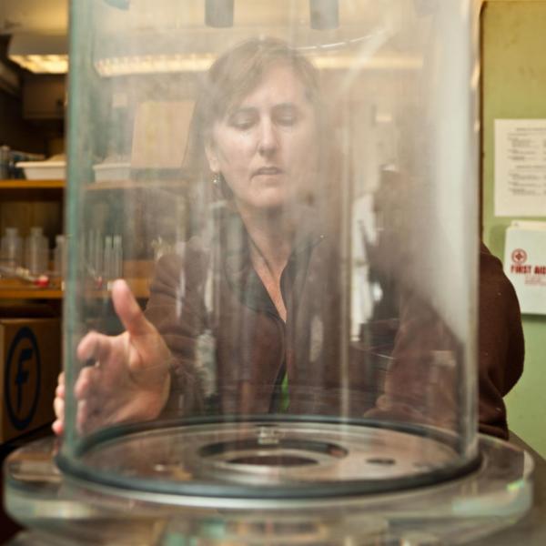 Wendy Roth sets up equipment in the sed lab
