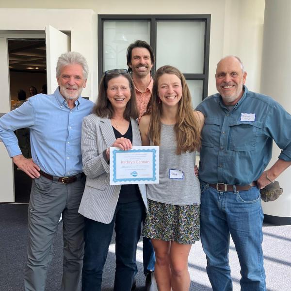 INSTAAR celebration luncheon May 8th 2024: A group photo for Katie Gannon, the 2024 winner of the Sarah Crump Graduate Fellowship. Gannon is flanked by Sarah Crump's parents, Liz Anderson and John Crump, as well as Sarah's PhD advisor Giff Miller (far left) and Sarah's partner, Nodin de Saillan (top).