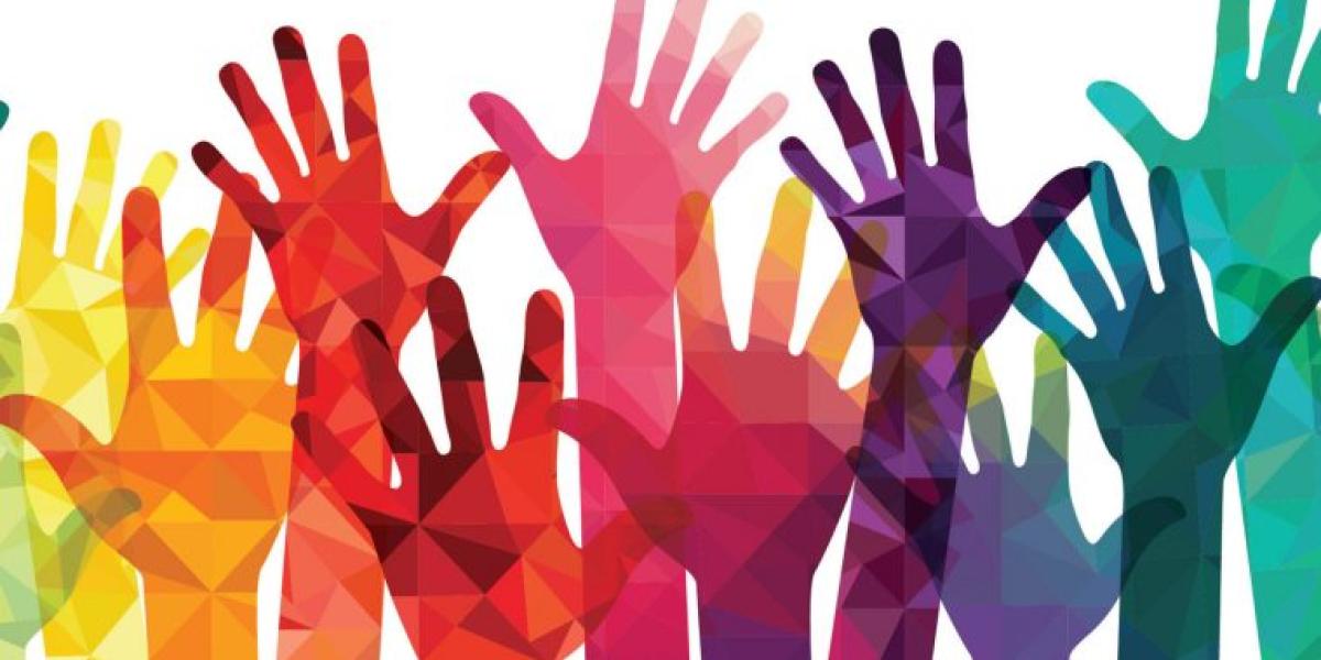Overlapping silhouettes of hands in many colors