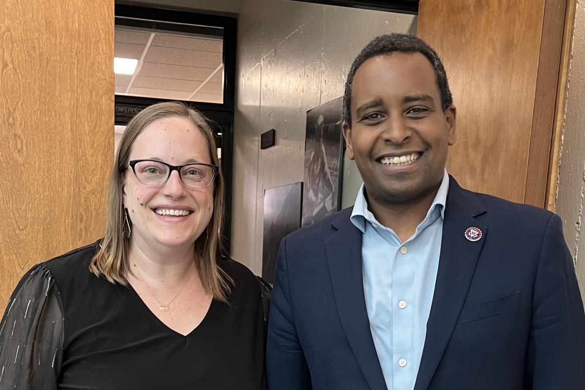 Nikki Lovenduski, Director of CU Boulder's Institute of Arctic and Alpine Research (INSTAAR) stands with Joe Neguse, U.S. Congressman