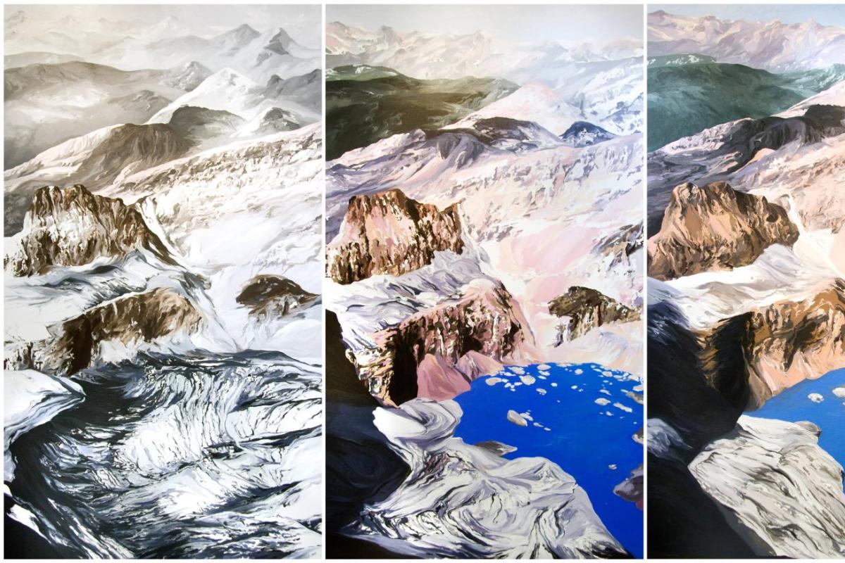 Diane Burko's painting of 4 time periods of the retreating Grinnell Glacier in Montana. It's an aerial view looking down on the glacier and its cliffs, showing an ever larger lake in front