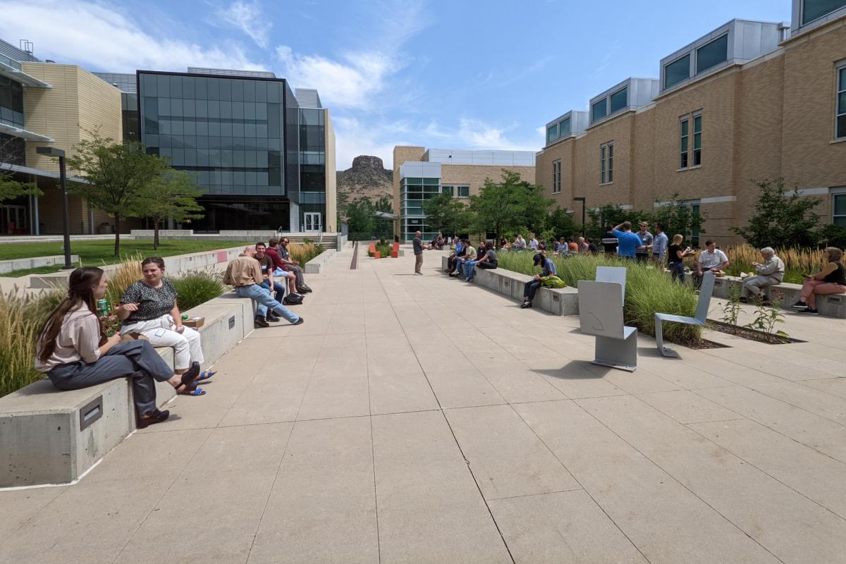 Participants of 2022 Front Range Isotope Day hang outside at lunch, Colorado School of Mines