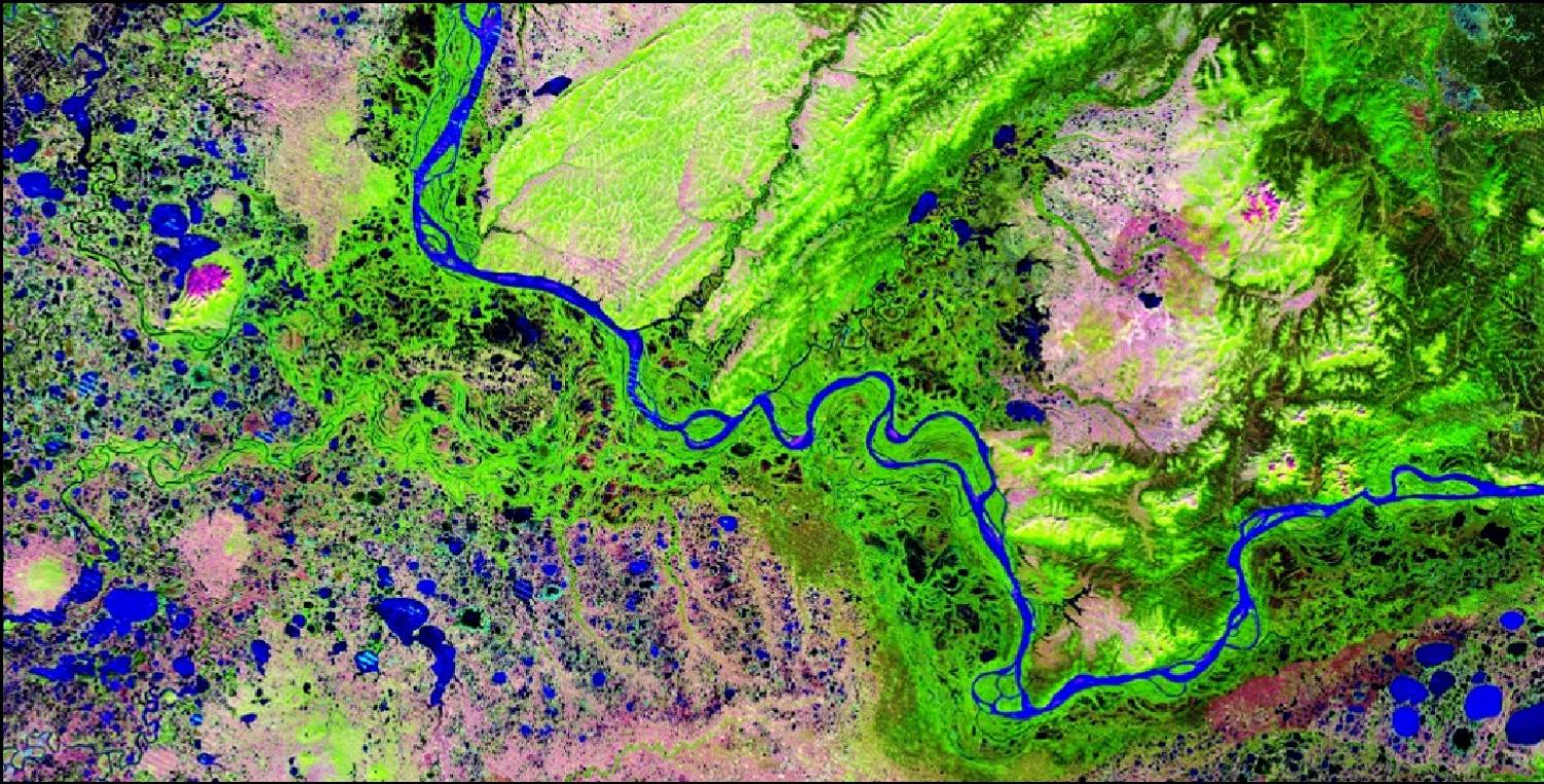 A satellite view of the Yukon River watershed in Alaska