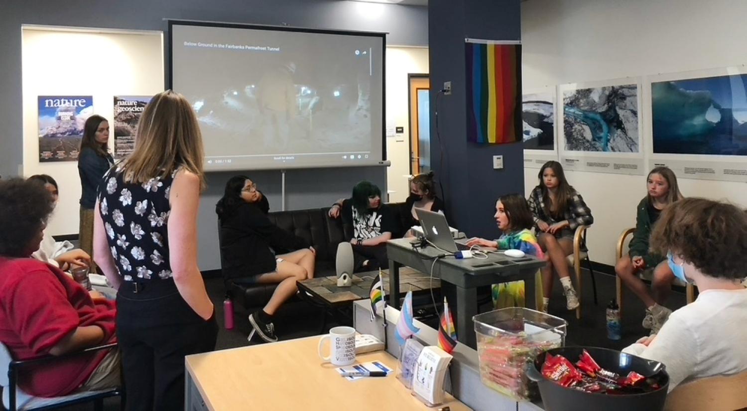 8th graders watching a video about a permafrost tunnel