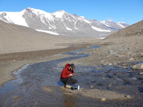 Researcher in red coat works along a small stream in a dramatic, stark, and poorly vegetated mountain valley in Antarctica