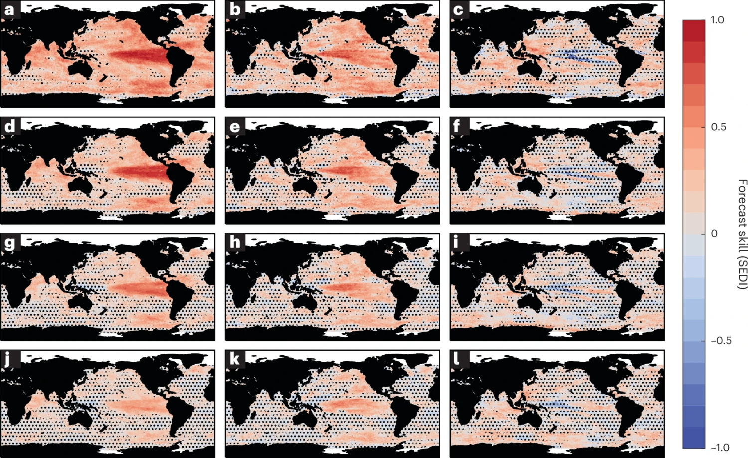 Matrix of global ocean maps showing how well forecasts of marine heatwaves and ocean acidification extremes could be made from 1.5 months to 10.5 ahead of time