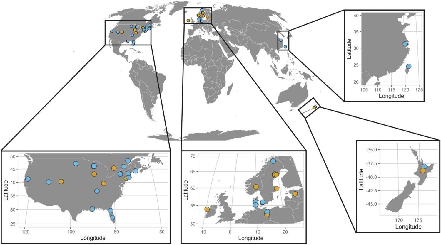 Global maps of the locations of 58 lakes uses in Oleksy et al 2024