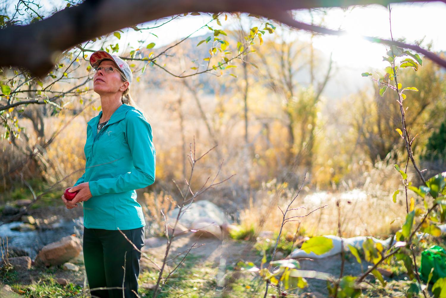 Katharine Suding stands under the branches of a favorite apple tree, with sunshine pouring through the brush and grasses behind her