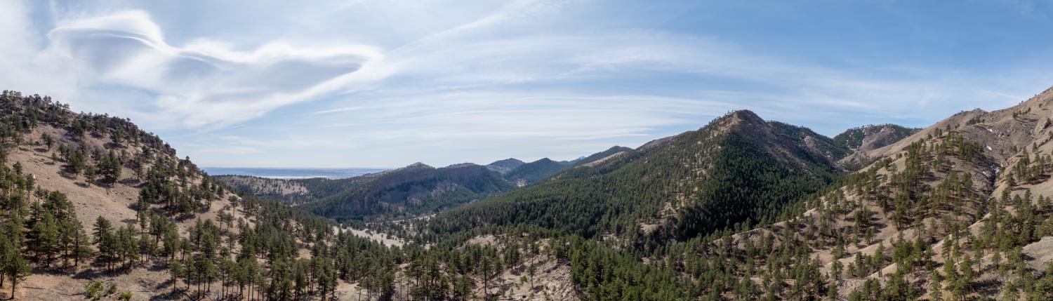 Panorama view of the mountains of Spruce Gulch created from a drone