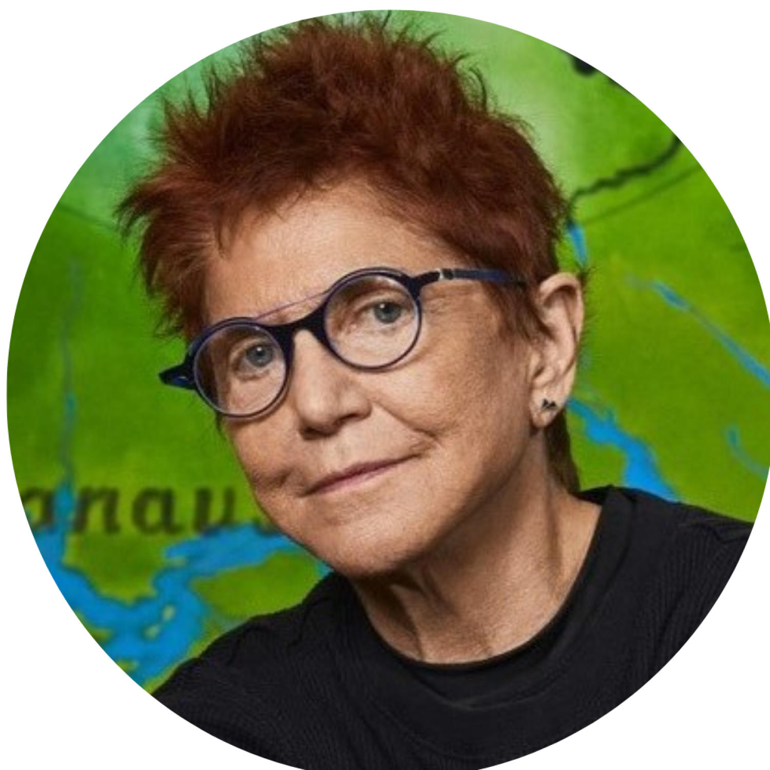 Diane Burko in her studio with a map behind her