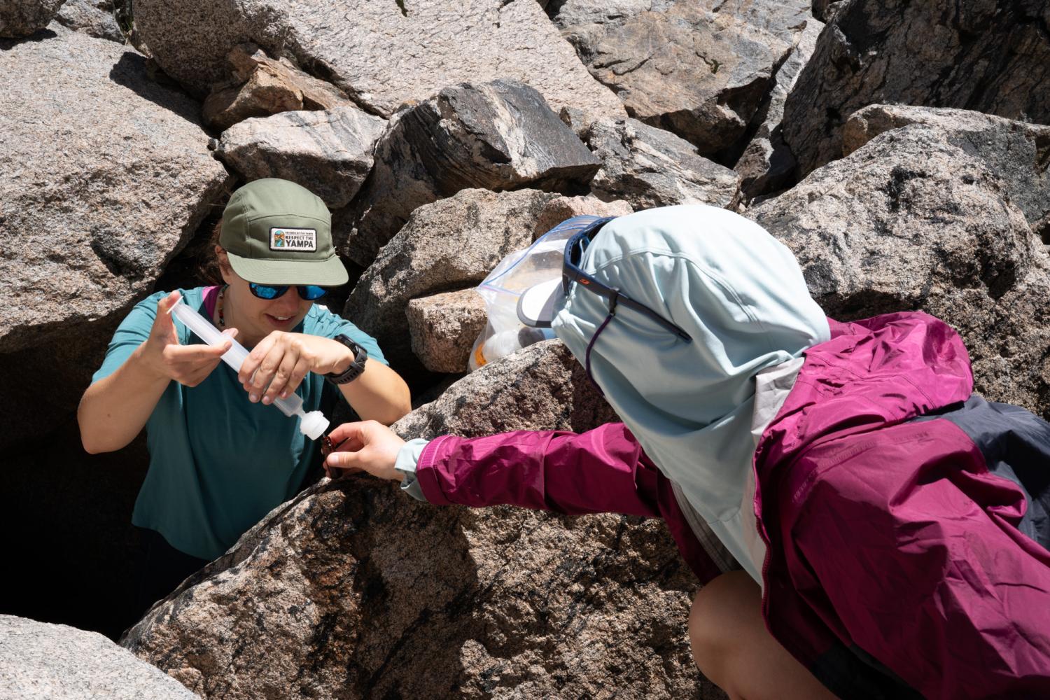 A woman standing in a hole in a boulder field uses a syringe to filter water into a sample bottle, held by a second researcher in outdoor gear