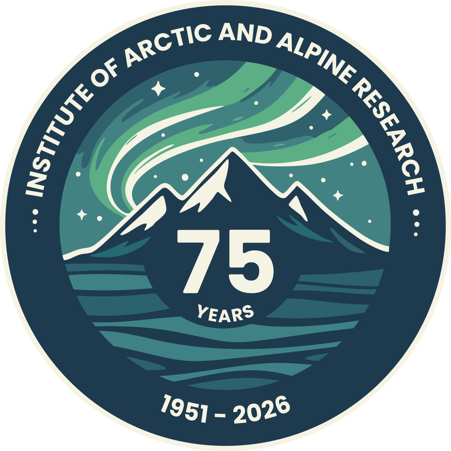 Artwork for INSTAAR's 75th anniversary 1951-2026 showing the aurora over mountains with water in the foreground