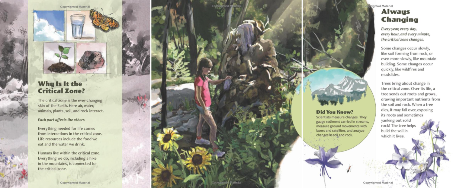Three example pages of the Living Landscape with text about why it is the Critical Zone and how it is always changing, with illustrations of clouds, plants, insects, rocks, mountains, and a girl looking at a toppled tree