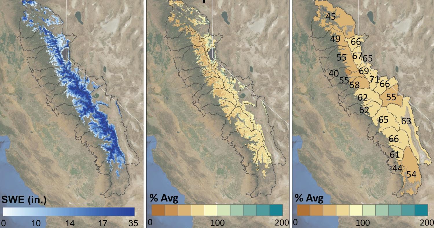 Maps of snow water equivalent for the Sierra Nevada expressed as inches and percentages of normal