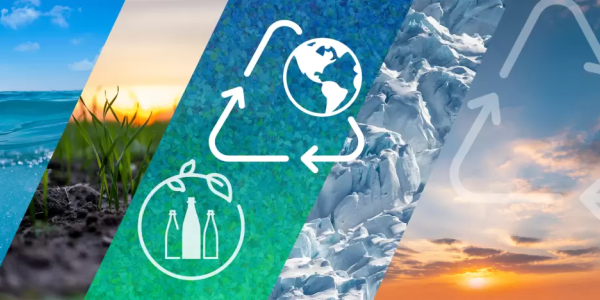 Earth Day graphic consisting of a series of images cropped diagonally that depict oceans, plants, ice, clouds, and more.  Some of the images are overlain with earth and recycling symbols