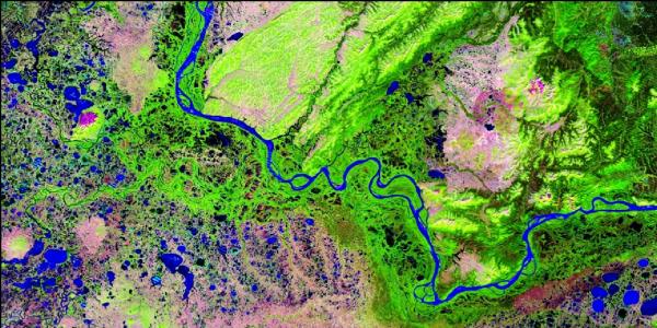 A satellite view of the Yukon River watershed in Alaska