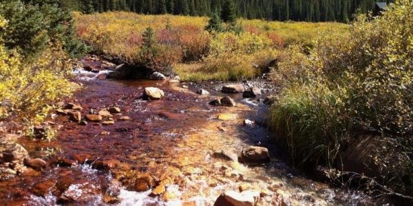 Two mountain streams come together, one with rusty red acid rock drainage