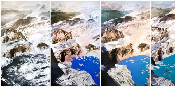 Diane Burko's painting of 4 time periods of the retreating Grinnell Glacier in Montana. It's an aerial view looking down on the glacier and its cliffs, showing an ever larger lake in front 