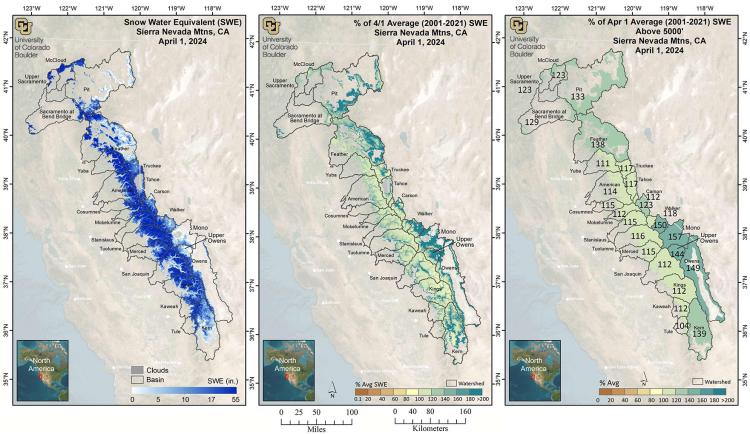 Maps show various aspects of snow-water equivalent for California's Sierra Nevada. The maps are part of the April 1, 2024 report from the Mountain Hydrology Group.