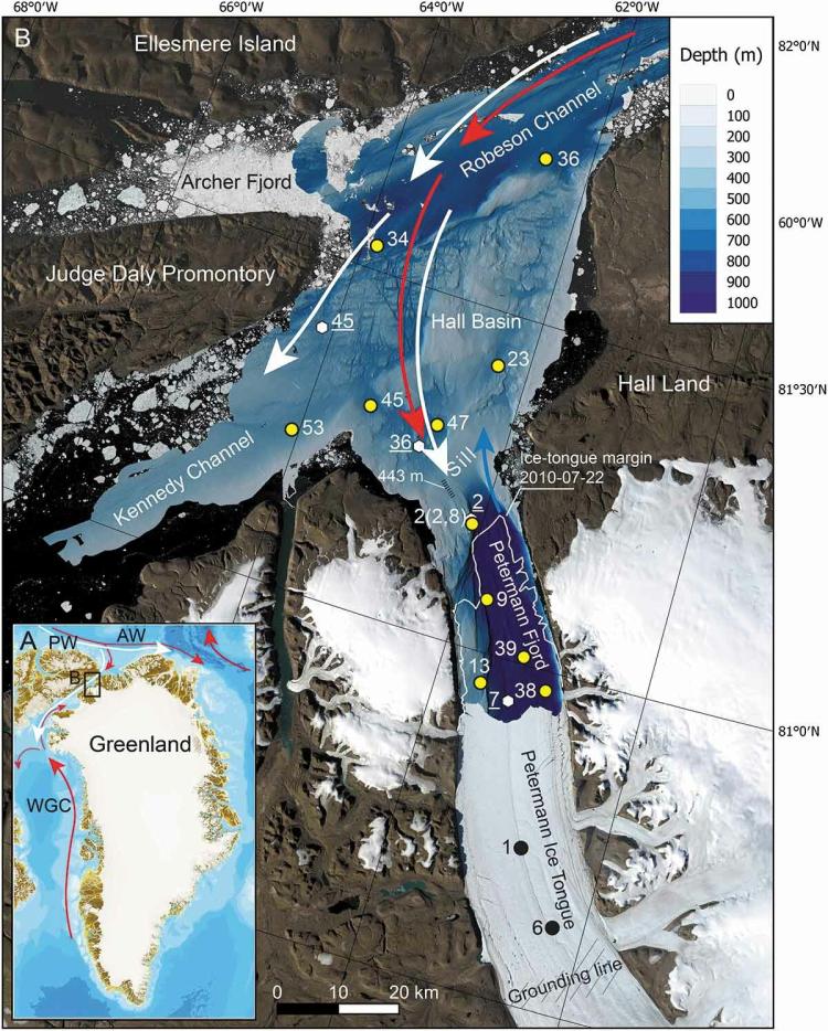 Map from a publication on modern foraminiferal assemblages in northern Nares Strait, Petermann Fjord, and beneath Petermann ice tongue, NW Greenland