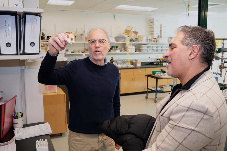 A researcher in a lab holds up a sample while a second person looks at it