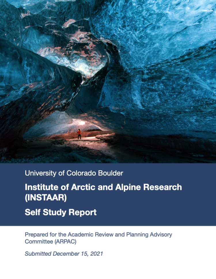 Cover of the 2021 INSTAAR self study including a researcher inside an ice cave