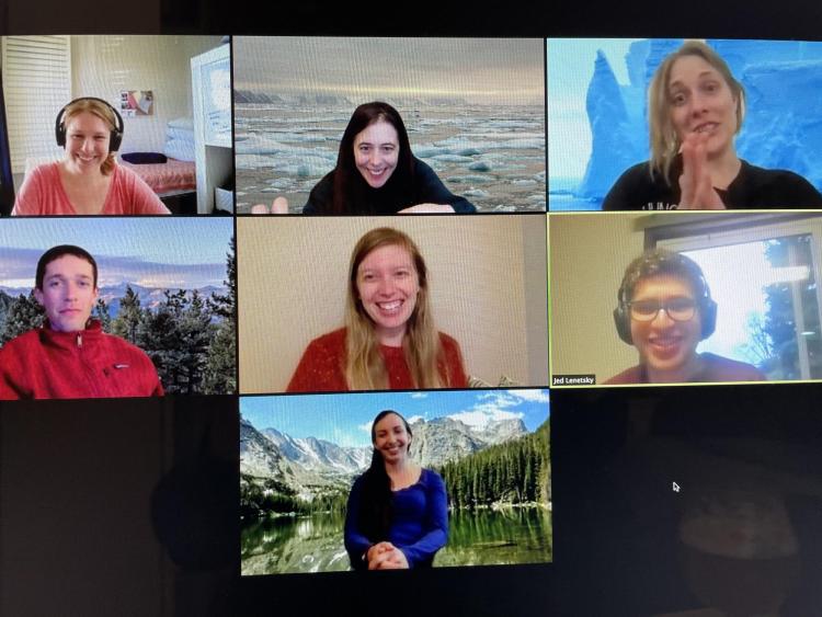 April 2021 group photo: Sara Reinelt, Alexandra Jahn, Hannah Zanowski, Chris Wyburn-Powell, Abigail Smith, Jed Lenetsky, Patricia DeRepentigny