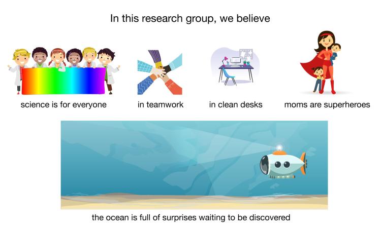 Illustration of what the ocean biogeochemistry group believes: science is for everyone, teamwork in clean desks, moms are superheros, and the ocean if full of surprises waiting to be discovered