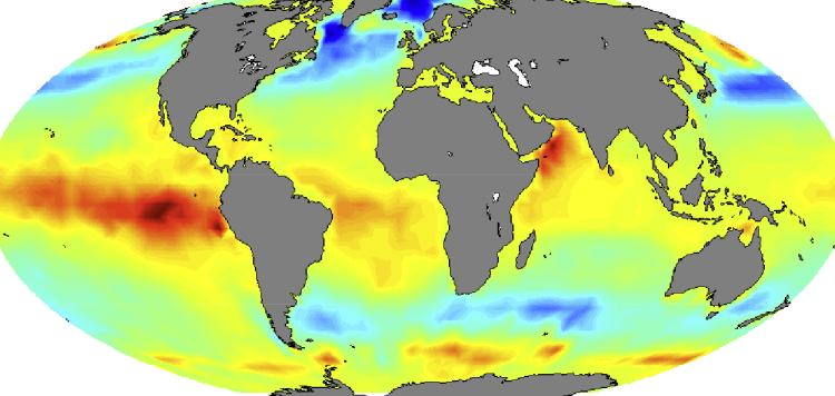 Rainbow colored map of the world's oceans showing sea-to-air flux of carbon dioxide, estimated and interpolated from ship observations.