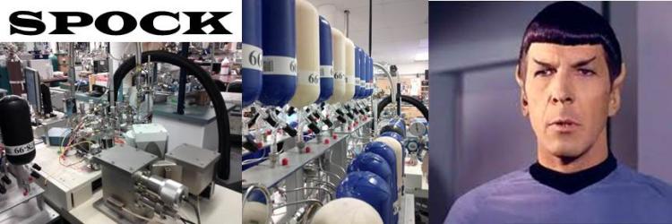 Collage for instrument Spock, including the mass spectrometer, flask stand, etc
