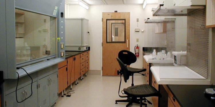 In the lab, looking from the clean room toward the instrument room.
