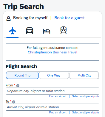 Screenshot in Concur interface of travel portal.