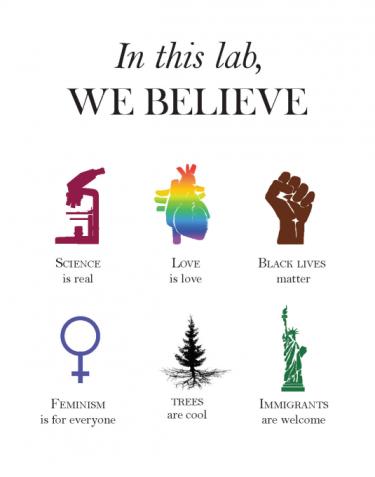 We believe poster with science is real, love is love, black lives matter, feminism is for everyone, trees are cool, immigrants are welcome